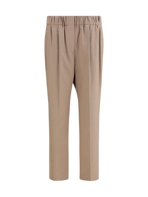 Elasticated Straight-Leg Trousers — Beige