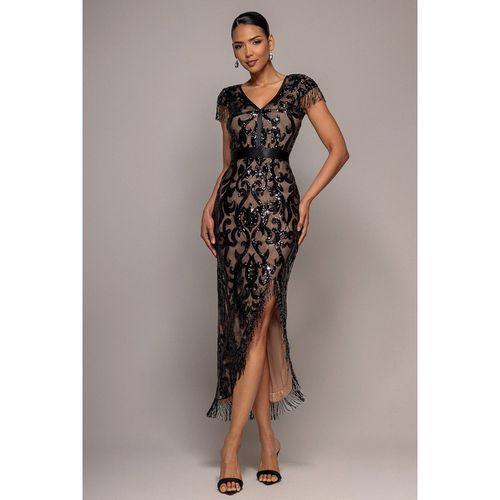 Goddiva Embroidered Sequin Tassel Front Split Midaxi Dress - Black