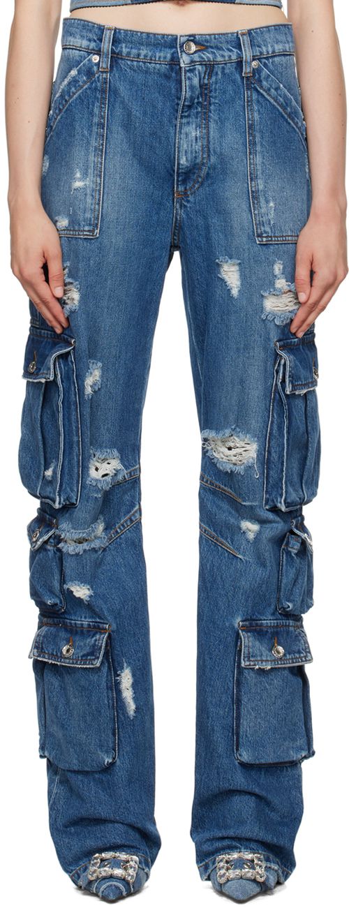 Blue distressed denim jeans