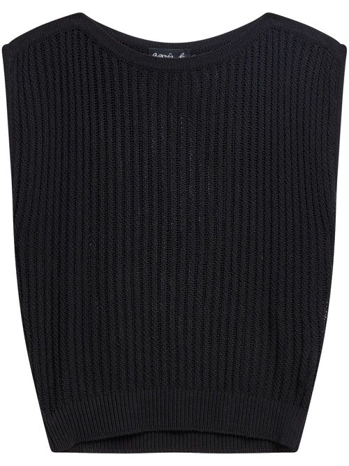 Semi-sheer ribbed knit top - Black