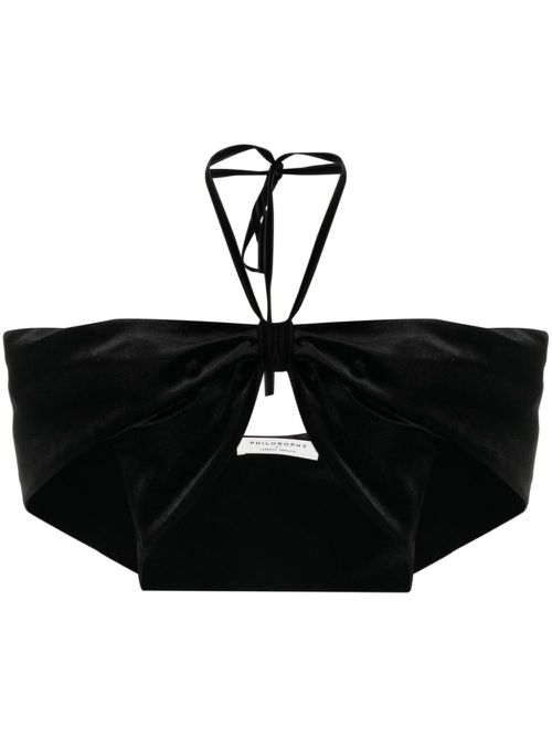 Velvet-effect halterneck cropped top - Black