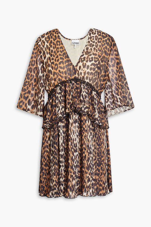 GANNI - Ruffled leopard-print crepe de chine mini dress - Animal print - DE 38