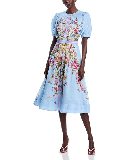 Teri Jon by Rickie Freeman | Silk Linen Floral Puff Sleeve Dress