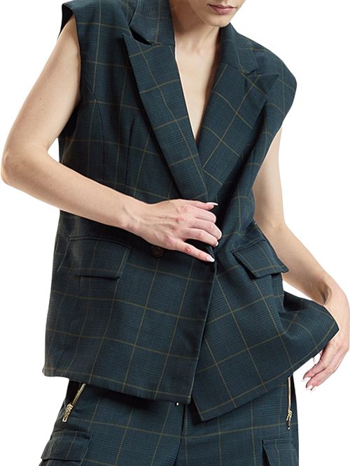 Women's Windowpane Plaid Oversized Double-Breasted Vest - Green Plaid