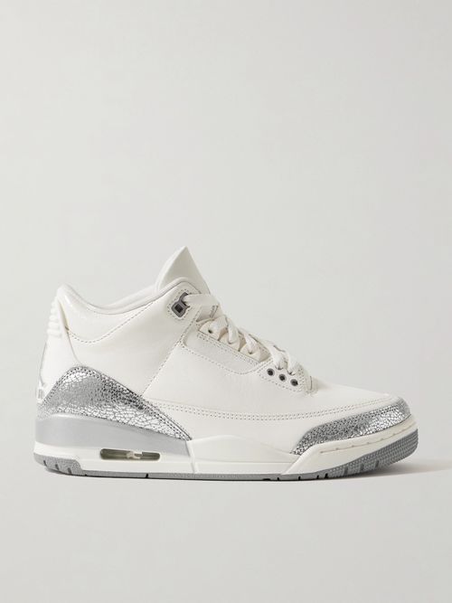 Air Jordan 3 Retro Rubber-trimmed Metallic Leather Sneakers - White