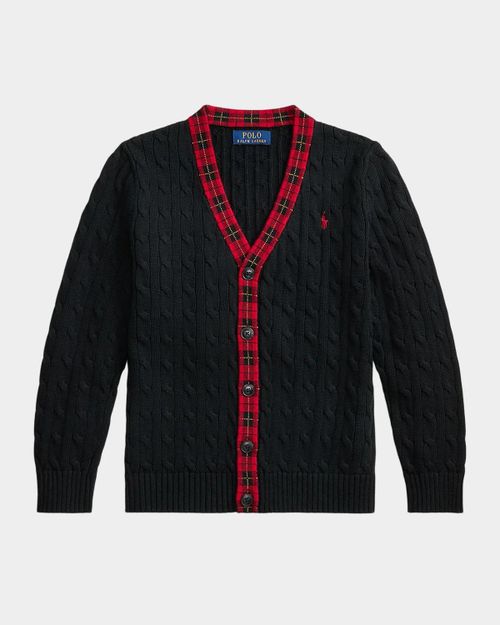 Boy & apos;s Plaid-Trim Cable Cotton Cardigan