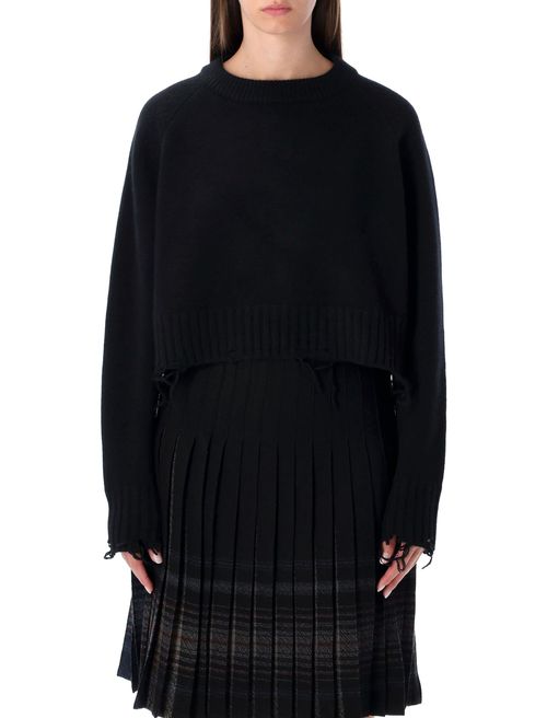 Mini Damaged Pullover Sweater with Raglan Sleeves and Distressed Hem