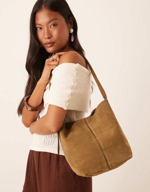 Buckle strap detail suede bag in tan-Brown