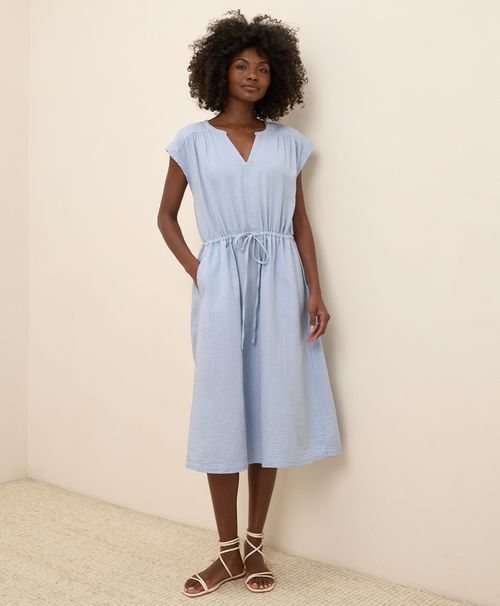 Women's Cornflower Blue Coastal Double Gauze Tie Waist Midi Dre