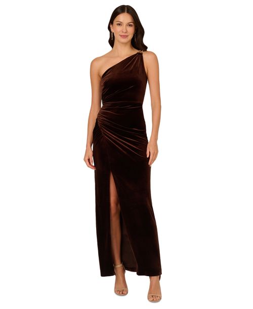 Women's Asymmetric One-Shoulder Velvet Gown - Dark Brown