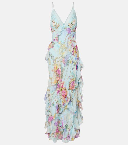 Floral ruffled silk slip dress