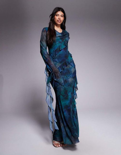 Chiffon ruffle maxi dress in dark floral-Multi