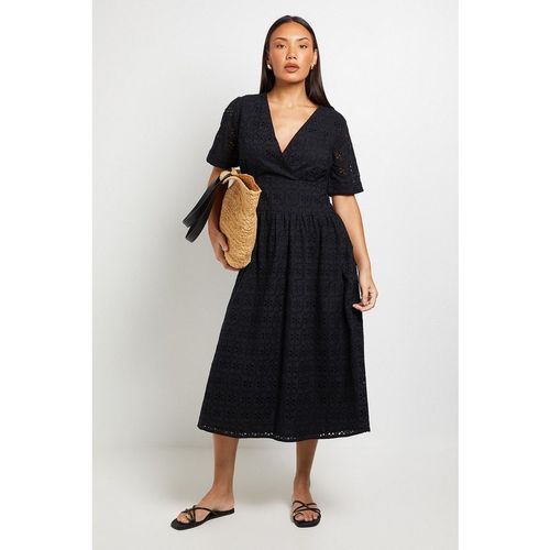 Principles Womens Mono Dropped Waist Broderie Midi Dress - Black Cotton
