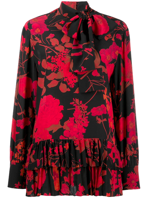 Floral Print Silk Blouse — Black