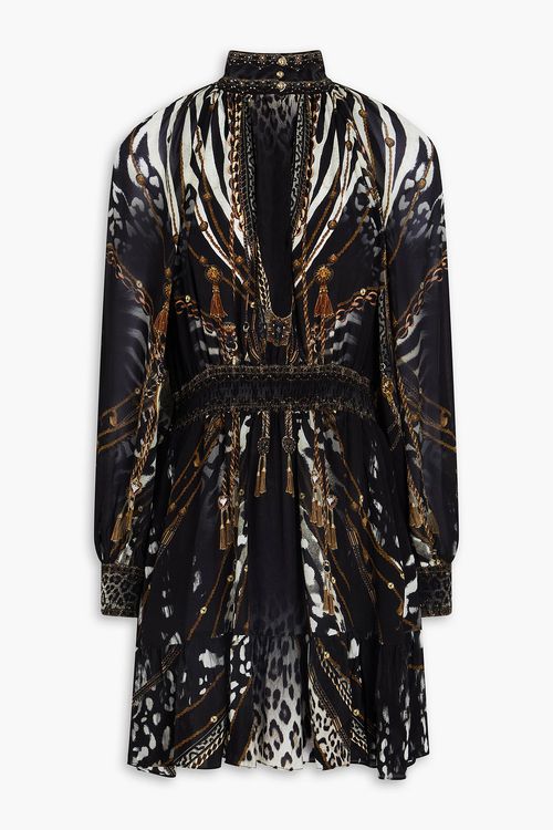 Camilla - Crystal-embellished printed silk crepe de chine mini dress - Black - S