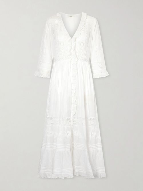Clemencia Ruffled Lace-trimmed Organic Cotton-voile Midi Dress - White