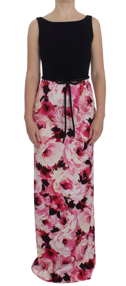 Floral Print Stretch Silk Dress — Black