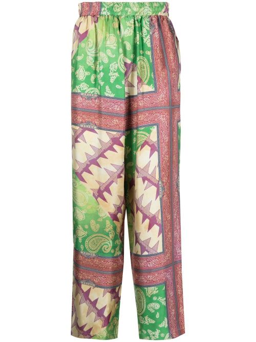 Paisley-Print Silk Trousers — Green