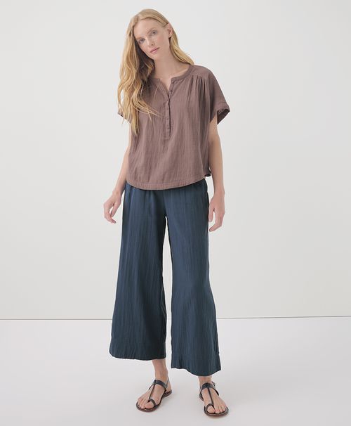 Women's French Navy Coastal Double Gauze Wide Leg Pant