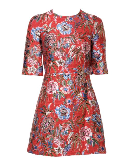 Floral Jacquard A-Line Dress — Red