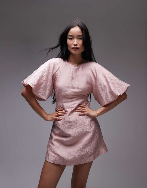 & Other Stories mini round neck dress with puff sleeves in pink