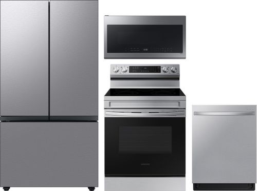 Samsung 4 Piece Kitchen Appliances Package with French Door Refrigerator, Electric Range, Dishwasher and Over the Range Microwave in Stainless Stee
