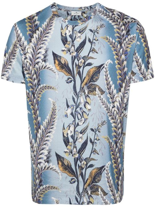 Botanical-print cotton T-shirt - Blue