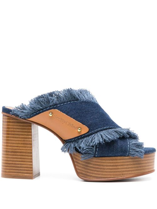 100mm frayed-detailing denim mules - Blue
