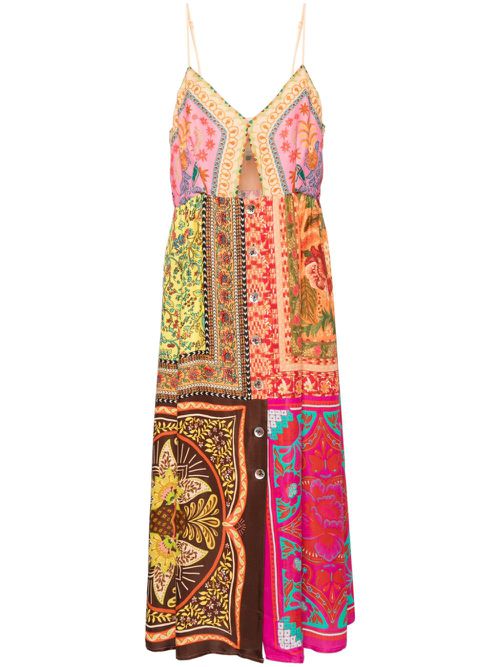 Mixed Scarves-print midi dress - Orange