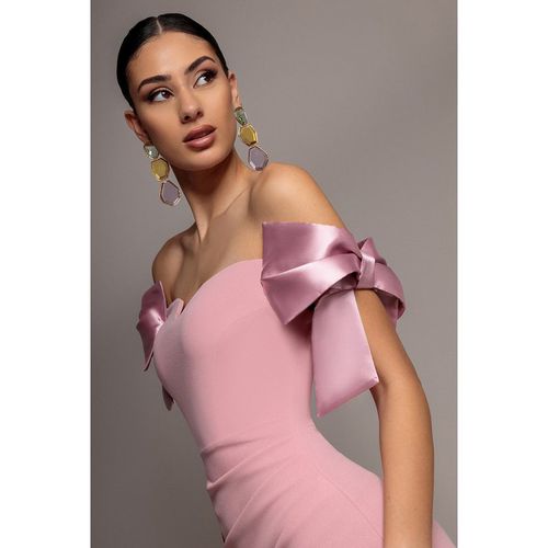 Goddiva Satin Bow Bardot Sheath Maxi Dress - Blush Pink