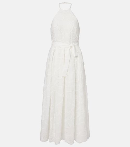 Embroidered belted cotton-blend midi dress