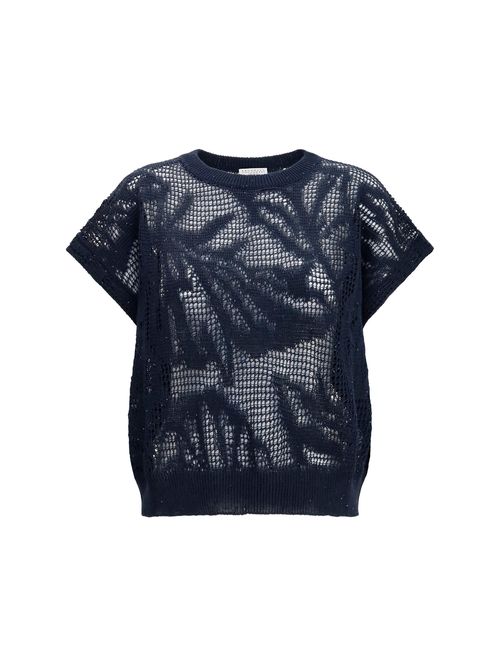 Linen-Cotton Lace Knit T-Shirt — Navy