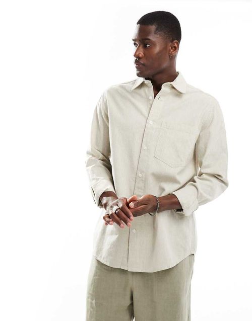 Long sleeve linen shirt in ecru-Neutral