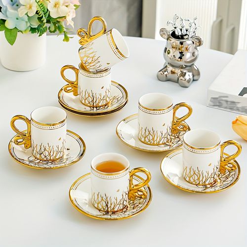 TEMU 12pcs Turkish Coffee Cup Set, 1./ Ceramic Tea Cups And Saucers With , Luxury Cappuccino Mug Set For Home, Office, Schoo