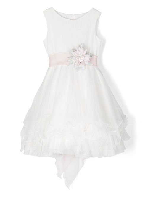 Flower-applique tiered dress - White