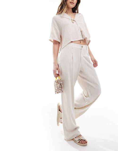 Miss Selfridge linen blend tailored wide leg trousers in stone-Neutral