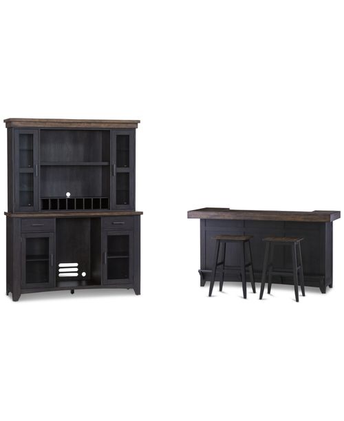 Peighton 5-Piece Bar Set (Back bar and hutch, bar and two stools) - Rubbed Black and Washed Brown