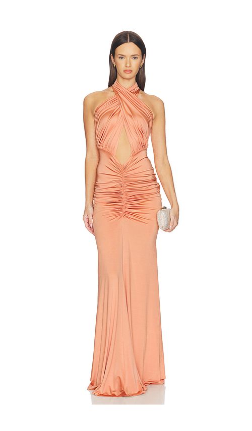 LaPointe Sleeveless Halter Ruched Gown in Coral. - L also in XS