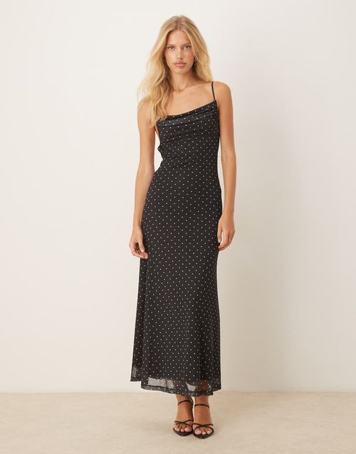 Mesh midi dress in black and white polka dot-Multi