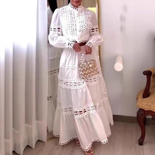 Women's Clothing Lace Splicing Hollow Lantern Sleeve Tops High Waist Hollow Lace Long Skirt
