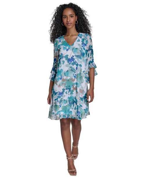 Women's Floral 3/4-Flutter-Sleeve Shift Dress - Lake Multi