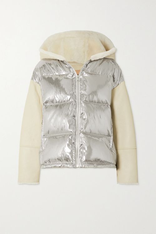 Hooded Shearling And Quilted Metallic Shell Down Jacket - Silver - FR34