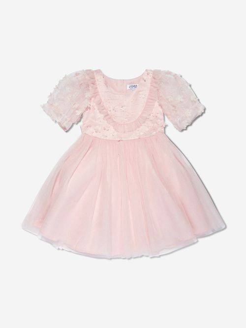 IAMe Girls Short Sleeve Embroidered Dress in Pink