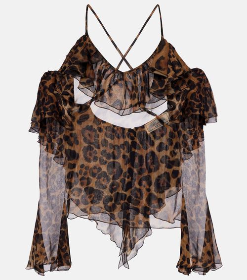 Leopard-print draped silk top