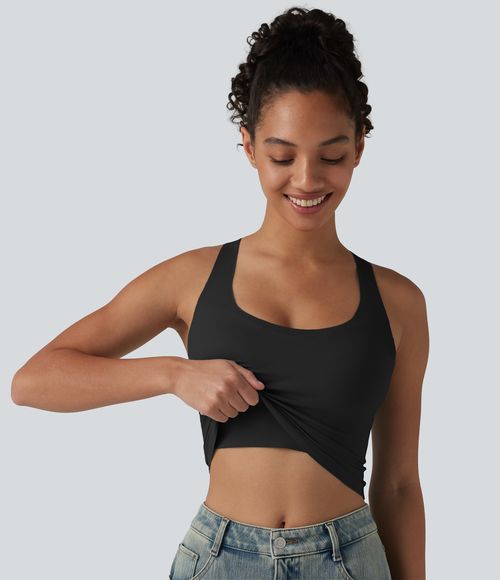 U Neck Built-in Bra Cropped Casual Tank Top B-E Cups  - Black