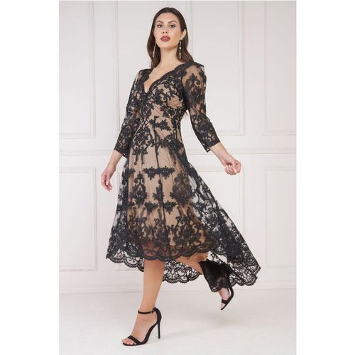 Goddiva Scalloped Lace Dipped Hem Midi Dress - Black