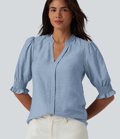 V Neck Puff Short Sleeve Casual Blouse  - Powder Blue