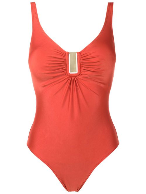 Mirassol Liso logo-plaque ruched swimsuit - Orange