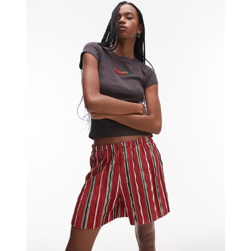 Topshop Womens stripe plisse wide leg shorts in red