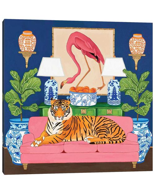 Chinoiserie Tiger In The Living Room With Flamingo Ginger Jar And Fiddle Leaf Fig By Green Orchid Boutique Wall Art
